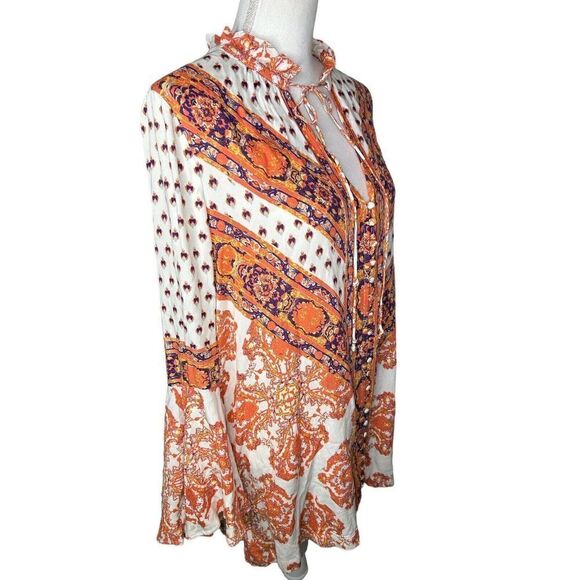 Free People Orange Cream Magic Mystery Bell Sleeve Button Down Shirt Sz Small - Picture 2 of 5